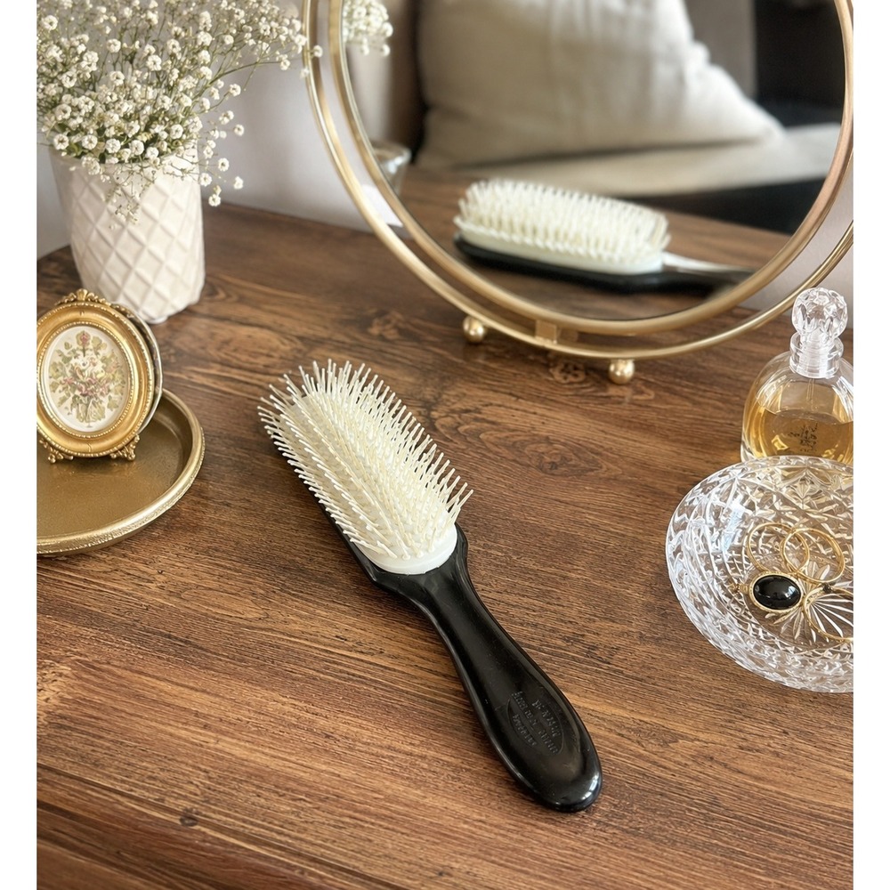 Vintage Denman Round Hair Brush White Nylon Bristles Black Handle Made England